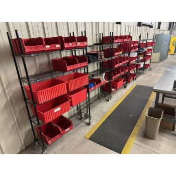 Lot of (6) Wire Racks with Storage Bins and Contents | Rig Fee $150