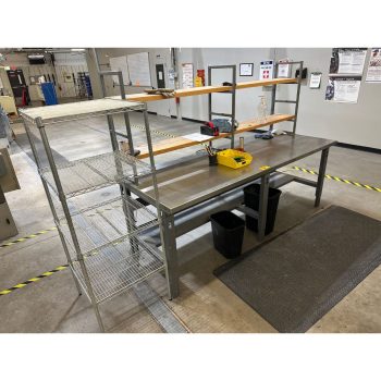Lot of Stainless Steel Topped Table with Welded 1' Shelves and Wire Shelving Unit | Rig Fee $75
