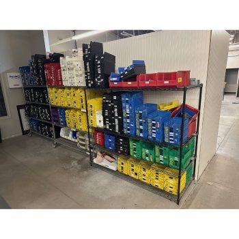 Lot of (3) Wire Shelving Units with Organizational Bins | Rig Fee $175