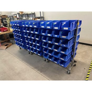 Lot of Organizational Bins on (3) Rolling Racks | Rig Fee $150
