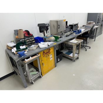 Lot of (2) Stainless Steel Topped Warehouse Tables and (1) Metal Table with Content | Rig Fee $300