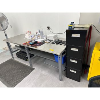 Lot of Stainless Steel Topped Table with File Cabinet, Wall Cabinet, Shelving Units | Rig Fee $100
